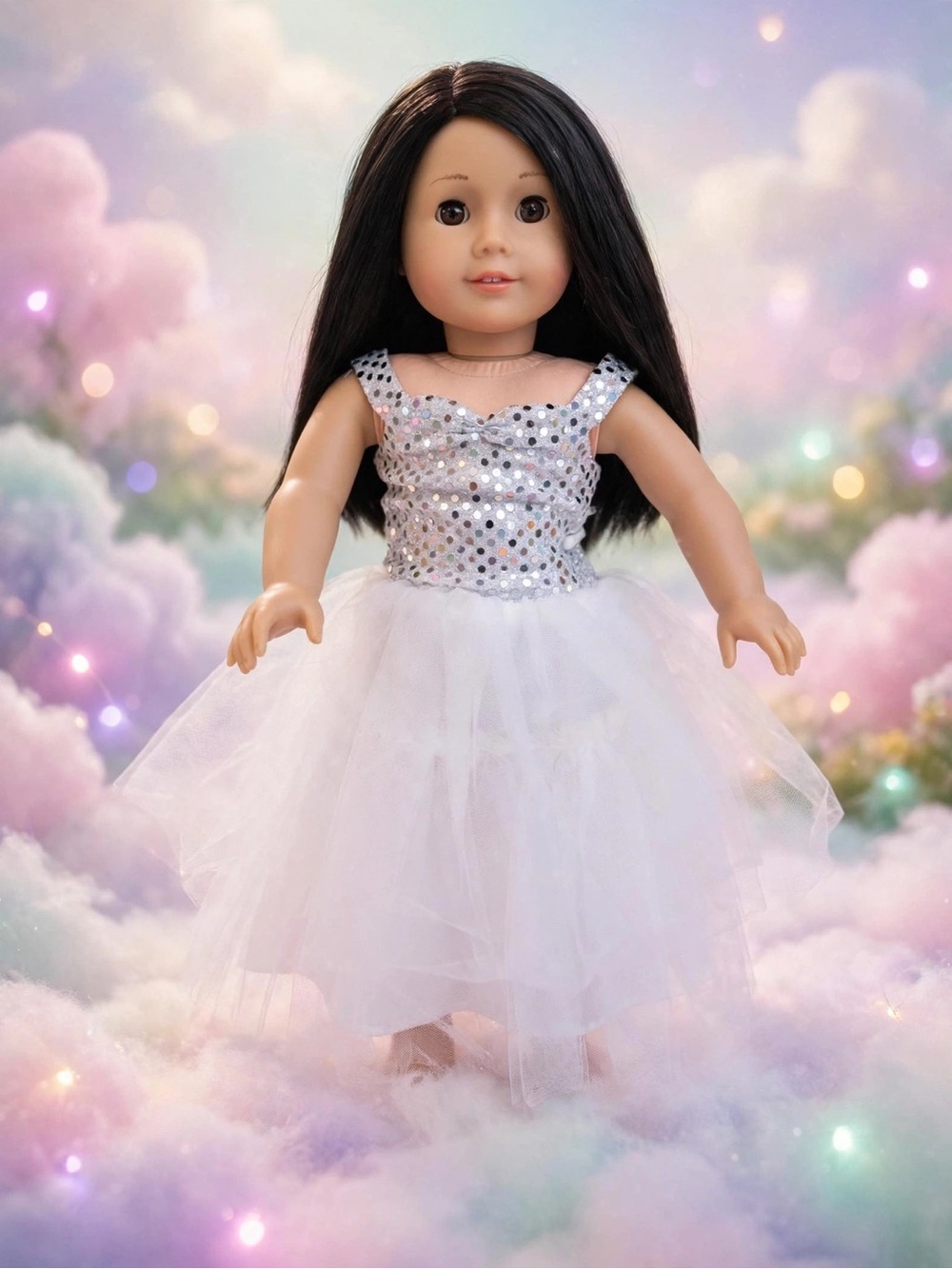 Silver Sequin White Tulle Dress for 18-Inch Dolls